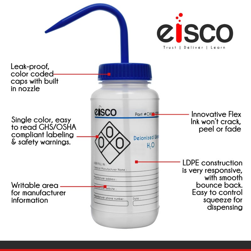 EISCO Wash Bottle for Water, 500ml - Labeled with Color Coded Chemical & Safety Information (2 Color) - Wide Mouth, Self Venting, Polypropylene - Performance Plastics Labs - Image 3